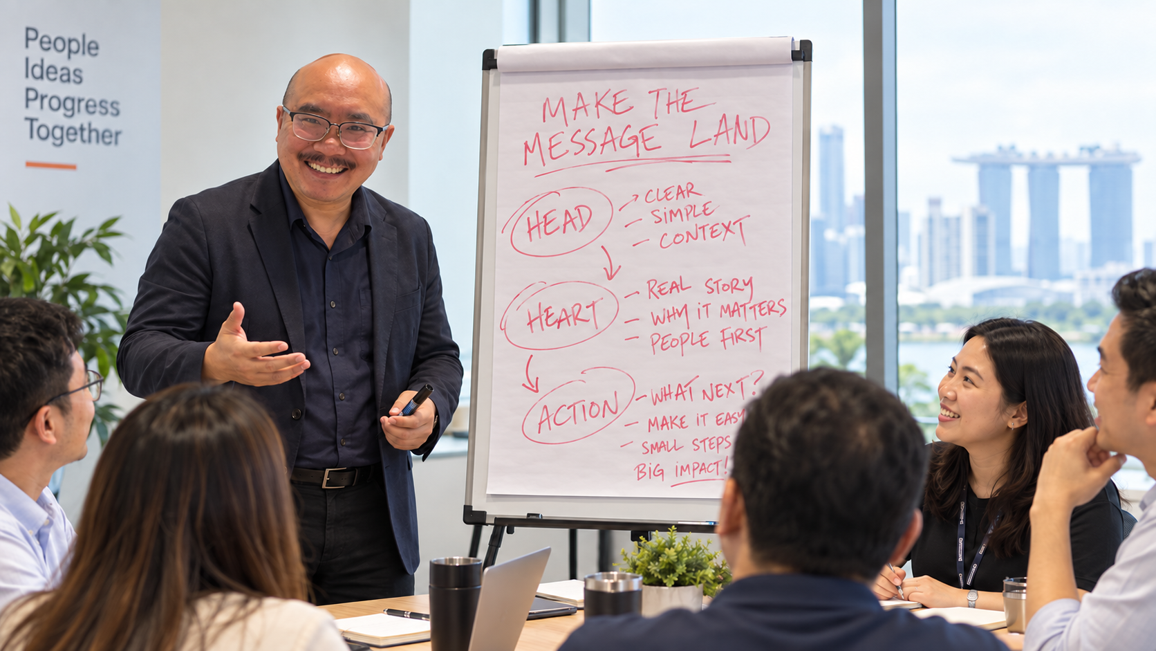 AI-assisted illustration of Chan facilitating a workplace communication workshop with adult learners